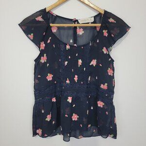 Abercrombie & Fitch Womens Navy Floral Sheer Top Sz XS Flutter Sleeve Lace Prep
